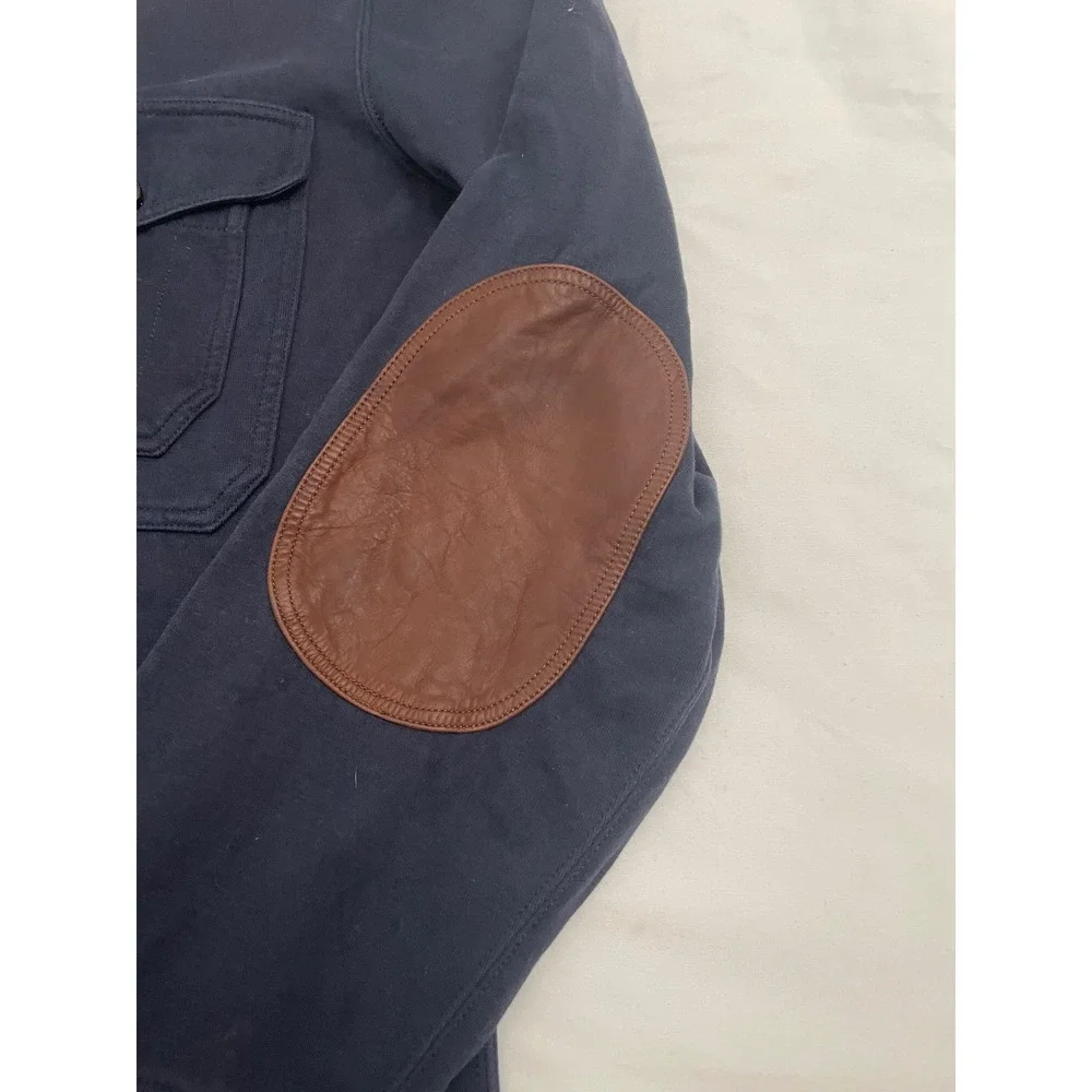 Vintage Polo Ralph Lauren Cardigan XL Blue Utility Pockets Leather Elbow Patches